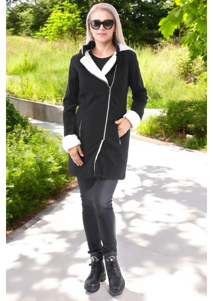 Kapüşonlu Kaşmir Kadın Kaşe Kaban