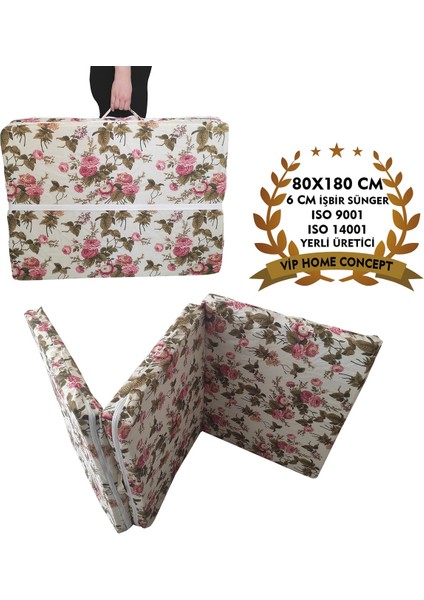 Katlanır Yatak Yer Yatağı Sünger Yatak Taşınabilen Tek Kişilik 80X180 Ingiliz Gülü-6 cm
