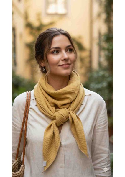 %100 Pamuk Muslin Boyun Fular - Atkı – 125 Cm, 4 Kat Yumuşak Doku, Antialerjik Üçgen Form