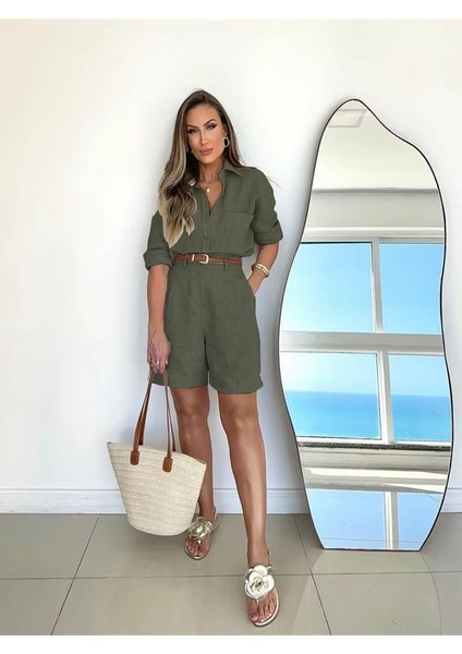 Keten Yazlık Uzun Kol Gömlek Şort Ikili Haki Takım modelleri