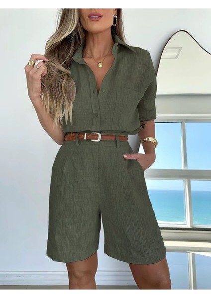 Keten Yazlık Uzun Kol Gömlek Şort Ikili Haki Takım fırsatları
