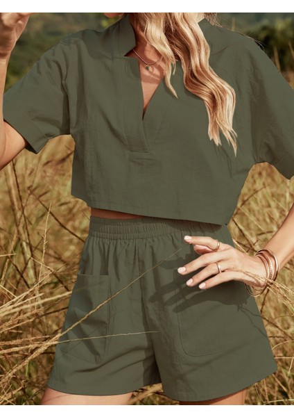 Yaka Detaylı Şortlu Ikili Haki Takım