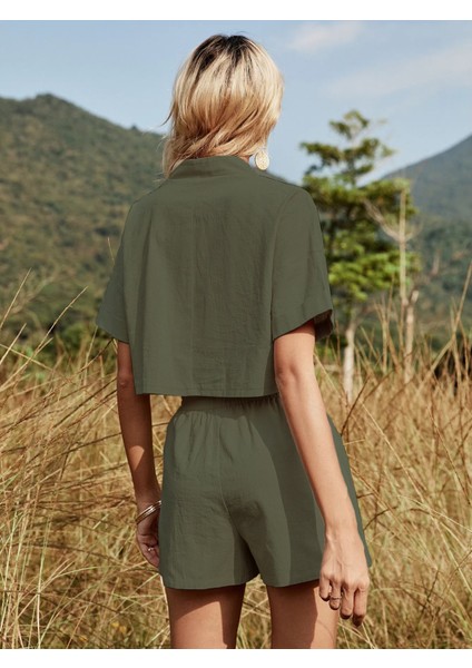 Yaka Detaylı Şortlu Ikili Haki Takım