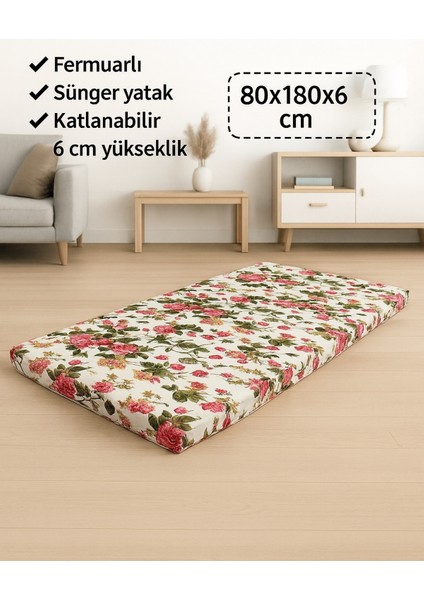 Sünger Yatak 80X180X6 Cm, Yer Yatağı, Balkon Yer Minderi,şantiye,karavan,deprem Yatağı-Ingiliz Gülü