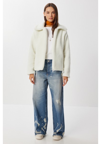 Polo Yaka Fermuarlı Peluş Sweatshirt LCI0042 Ekru fırsatları