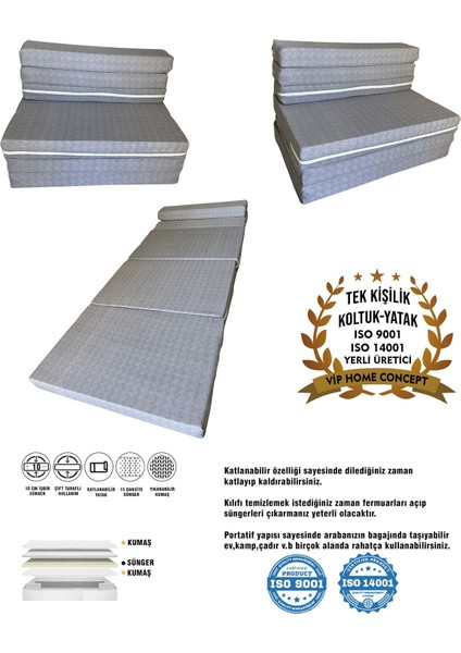 Tek Kişilik Katlanır Koltuk Katlanır Yatak Kanepe Yer Yatağı Tek Kişilik GRİ-90X190X10 cm