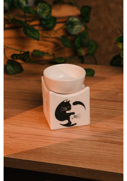 Beyaz Kedi Tasarımlı Seramik El Yapımı Buhurdanlık | Mumluk | Dekoratif (1 Adet Tealight Mum Ile)