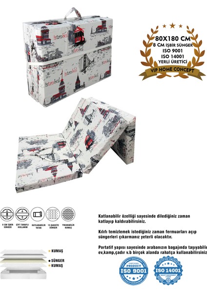Vip Katlanır Yer Yatağı (8 cm Kalın)Sünger Yatak 80X180X8 Cm-Istanbul