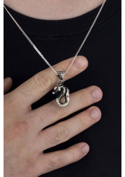 Ejderha Motifli Erkek Gümüş Kolye