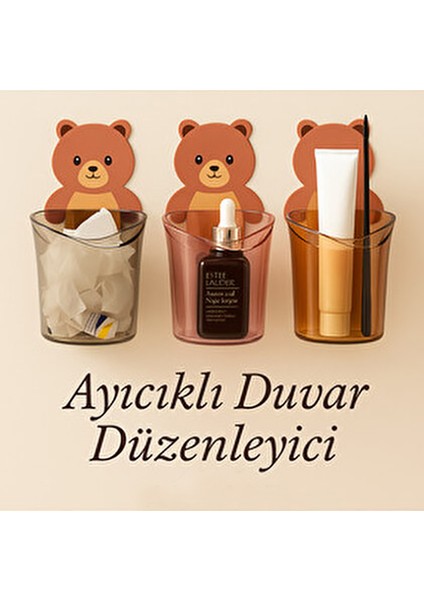 3’lü Ayı Figürlü Diş Fırçalık Seti | Yapışkanlı Duvara Yapışan Banyo Organizer