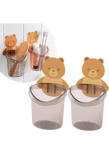 3’lü Ayı Figürlü Diş Fırçalık Seti | Yapışkanlı Duvara Yapışan Banyo Organizer