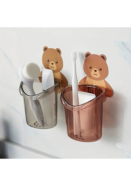3’lü Ayı Figürlü Diş Fırçalık Seti | Yapışkanlı Duvara Yapışan Banyo Organizer