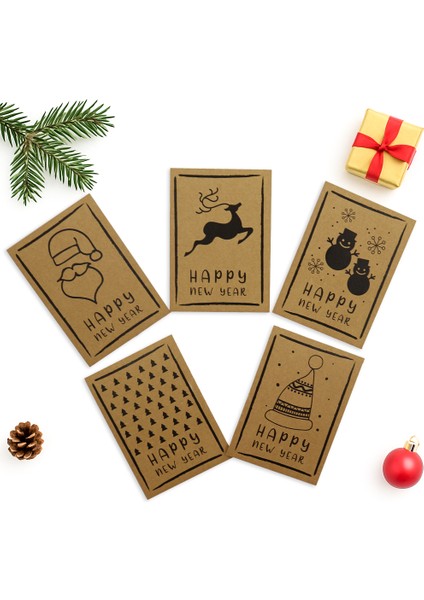 10x14 CM Yılbaşı Temalı 5 Adet Tebrik Kartı 5 Farklı Model Happy New Year Kraft Siyah Yazı