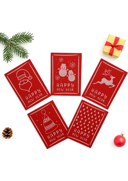 10x14 CM Yılbaşı Temalı 5 Adet Tebrik Kartı 5 Farklı Model Happy New Year Kırmızı Beyaz Yazı