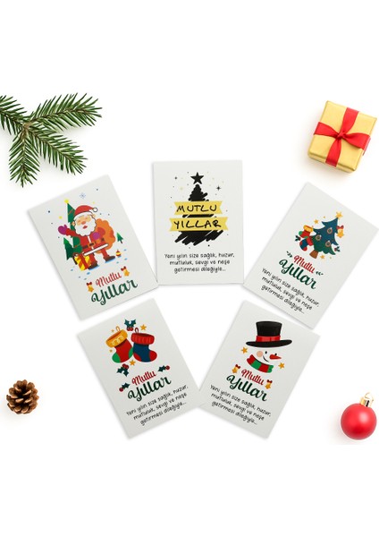 10x14 CM Yılbaşı Temalı 5 Adet Tebrik Kartı 5 Farklı Model Mutlu Yıllar Beyaz Renkli Tasarım