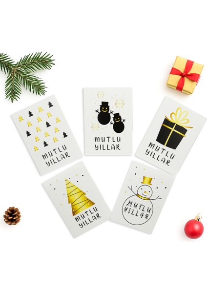 10x14 CM Yılbaşı Temalı 5 Adet Tebrik Kartı 5 Farklı Model Mutlu Yıllar Beyaz Siyah Gold Tasarımlı