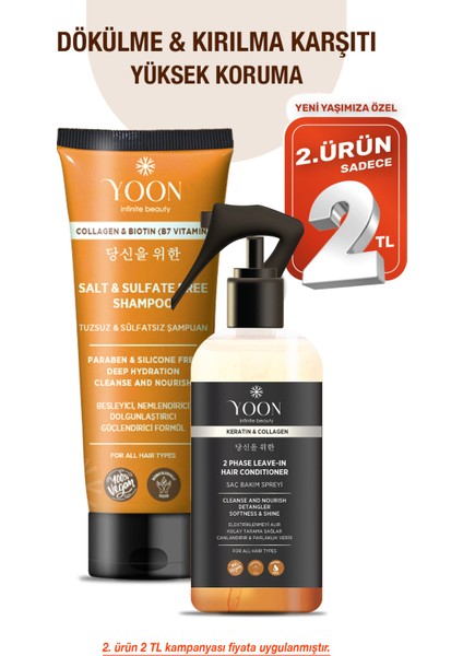 2'li Vegan Tuzsuz Şampuan & Saç Bakım Spreyi 250ML, Keratin, Kolajen ve B7 Biotinli Besleyici Set
