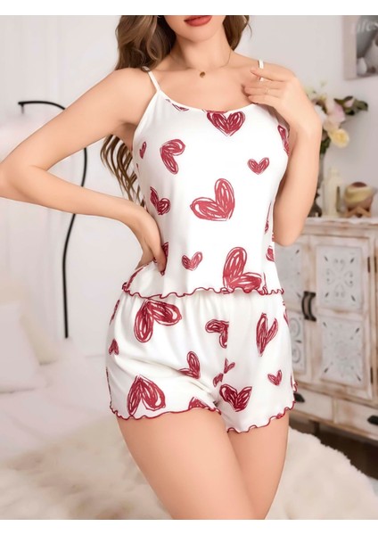 Kadın Beyaz Kalp Desenli Şortlu Gecelik Pijama Takımı 5052