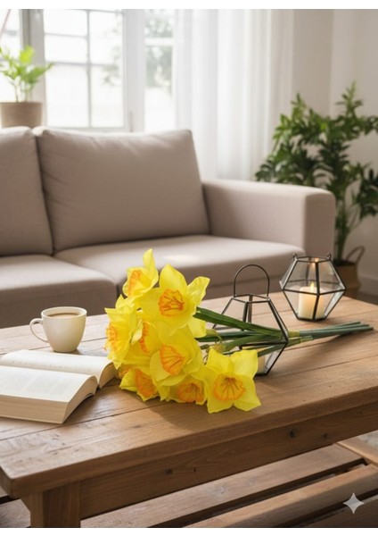 Yapay Nergis 3 Kafalı Sarı Renk 12 Çiçekli 50 cm Boyunda Ev Dekor Süs Vazo Dekor Çiçeğ