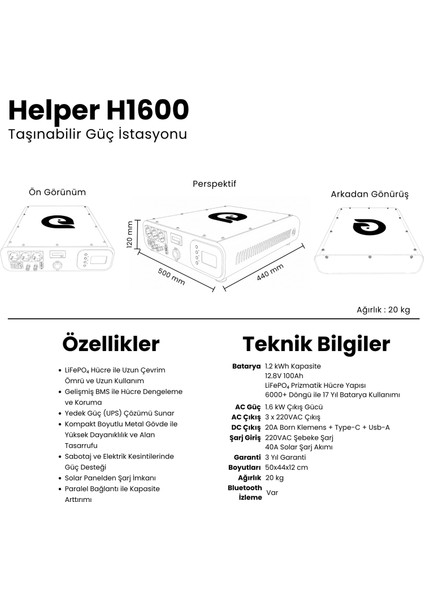 H1600 - Helper Serisi - Taşınabilir Lifepo4 Solar Güç Istasyonu - Ay Taşı fırsatları