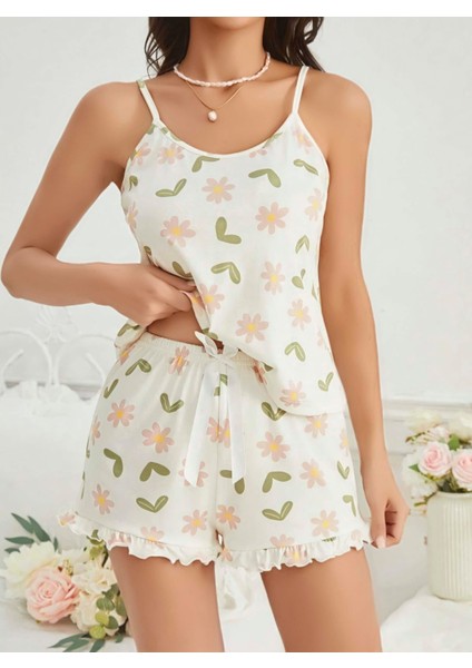 Kadın Ekru Çiçek Baskılı Şortlu Gecelik Pijama Takımı 5047