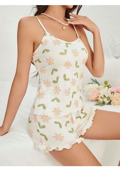 Kadın Ekru Çiçek Baskılı Şortlu Gecelik Pijama Takımı 5047 modelleri