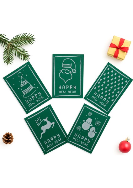 10x14 CM Yılbaşı Temalı 5 Adet Tebrik Kartı 5 Farklı Model Happy New Year Yeşil Beyaz Yazı