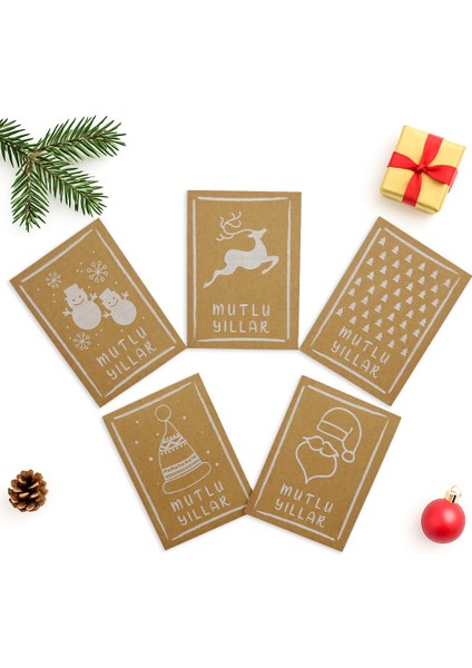 10x14 CM Yılbaşı Temalı 5 Adet Tebrik Kartı 5 Farklı Model Mutlu Yıllar Kraft Beyaz Yazı
