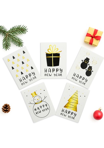 10x14 CM Yılbaşı Temalı 5 Adet Tebrik Kartı 5 Farklı Model Happy New Year Beyaz Siyah- Gold Yazı