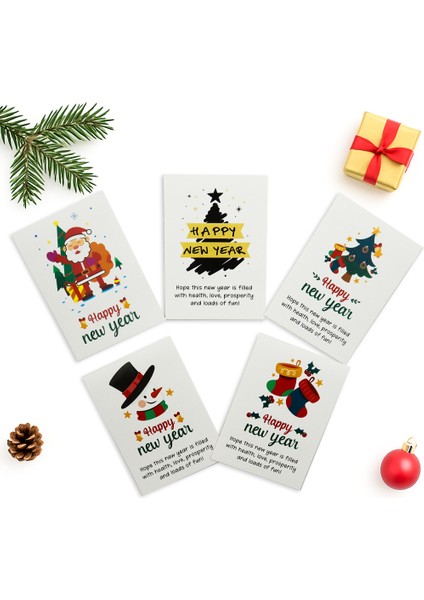 10x14 CM Yılbaşı Temalı 5 Adet Tebrik Kartı 5 Farklı Model Happy New Year Beyaz Renkli Tasarım