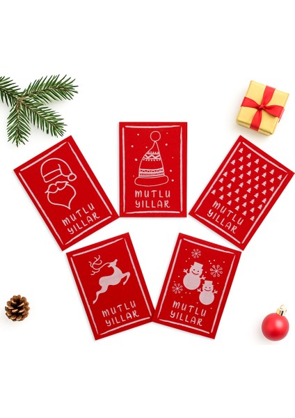 10x14 CM Yılbaşı Temalı 5 Adet Tebrik Kartı 5 Farklı Model Mutlu Yıllar Kırmızı Beyaz Yazı