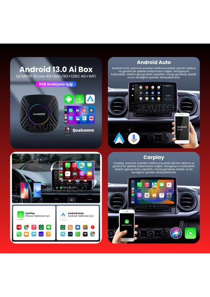 GT05 Caraibox Kablosuz Carplay & Android 4GB+64GB Android 13 Youtube Netflix Video Oynatma Qualcomm modelleri