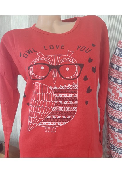 Kırmızı %100PAMUK Cotton Uzun Kollu Yumuşak Dokulu Desenli Üst ve Desenli Uzun Alt Kadın Pijama Takımı