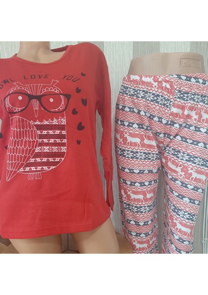 Kırmızı %100PAMUK Cotton Uzun Kollu Yumuşak Dokulu Desenli Üst ve Desenli Uzun Alt Kadın Pijama Takımı fiyatları