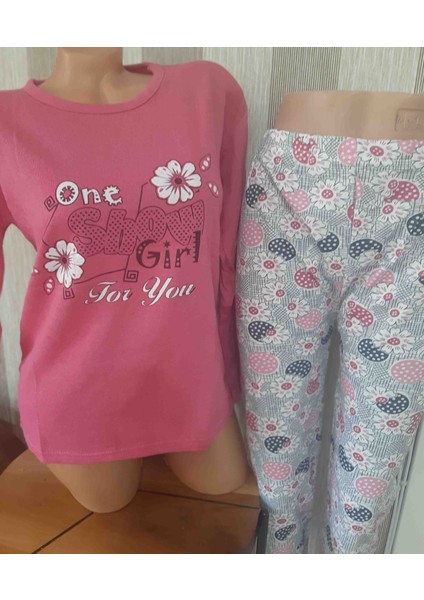 Pembe Uzun Kollu Desenli Üst ve Desenli Uzun Alt Kadın Pijama Takımı