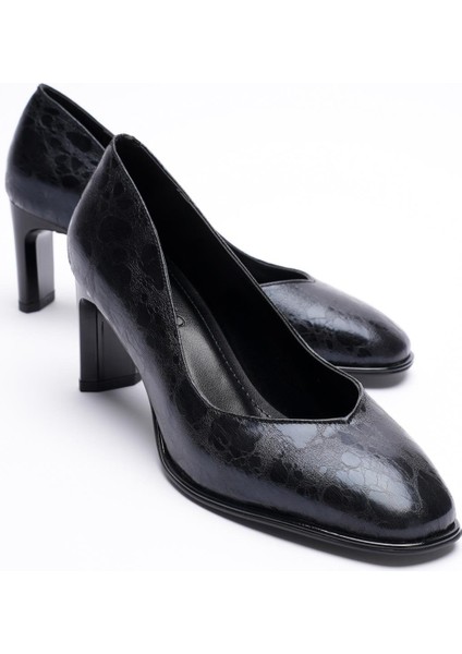 Kadın Deri Topuklu Ayakkabı 6.5 cm Siyah Benekli Marbina