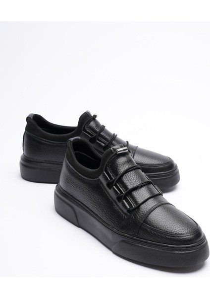 Erkek Hakiki Deri Lastik Detaylı Streçli Sneaker Siyah Enzo
