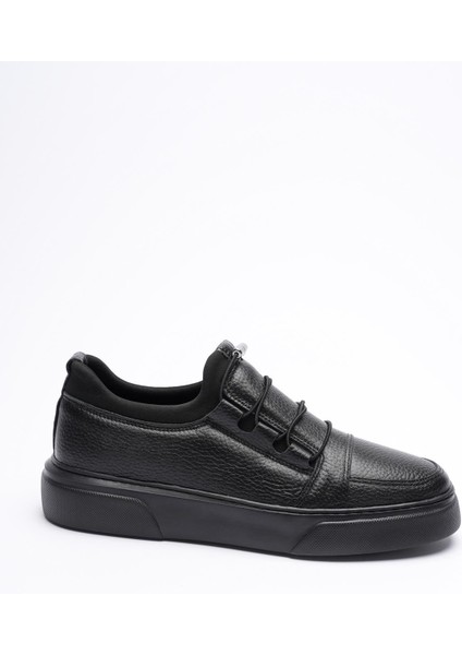 Erkek Hakiki Deri Lastik Detaylı Streçli Sneaker Siyah Enzo modelleri