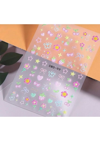 Kabartmalı Fosforlu Renkler Sevimli Tırnak Süsleme Stickerı Nail Art Süslemeleri