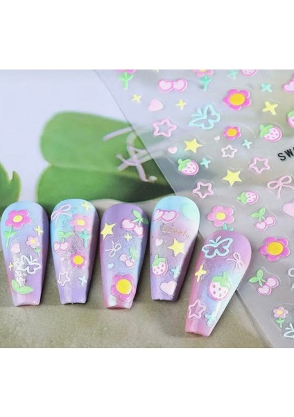 Kabartmalı Fosforlu Renkler Sevimli Tırnak Süsleme Stickerı Nail Art Süslemeleri modelleri