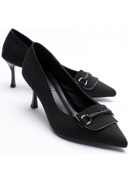 Kadın Süet Topuklu Ayakkabı 6.5 cm Sivri Burunlu Taş Detaylı Siyah Meriva