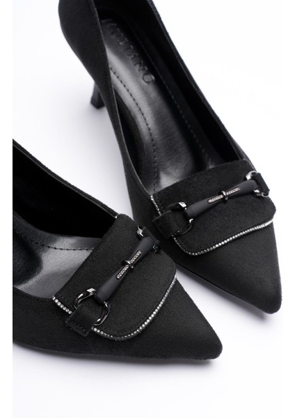 Kadın Süet Topuklu Ayakkabı 6.5 cm Sivri Burunlu Taş Detaylı Siyah Meriva fiyatları