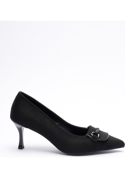 Kadın Süet Topuklu Ayakkabı 6.5 cm Sivri Burunlu Taş Detaylı Siyah Meriva modelleri