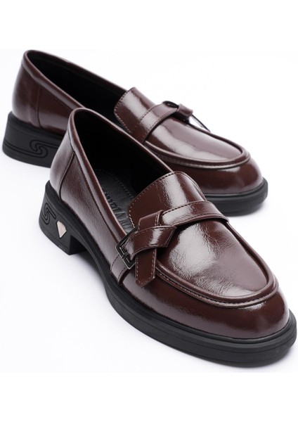 Kadın Rugan Loafer Platin Tokalı Kahve Elor