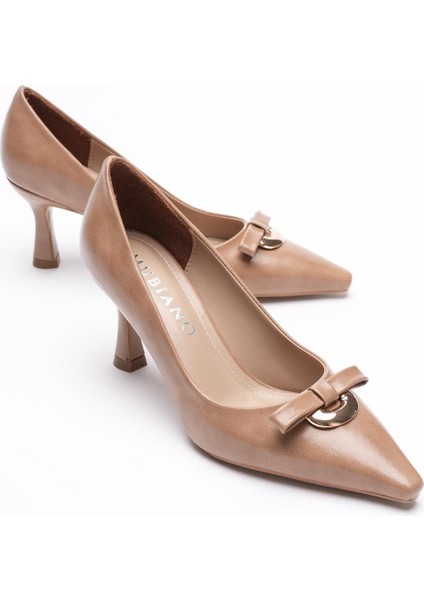 Kadın Deri Topuklu Ayakkabı Gold Aksesuarlı Fiyonklu 7 cm Bej Arlina