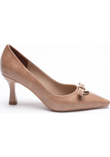 Kadın Deri Topuklu Ayakkabı Gold Aksesuarlı Fiyonklu 7 cm Bej Arlina modelleri