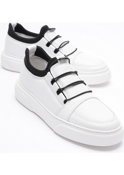 Erkek Hakiki Deri Lastik Detaylı Streçli Sneaker Beyaz Enzo
