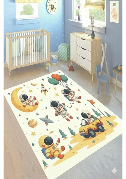 Çocuk Halısı Oyun Matı Yol Desenli Astronot Modelli Eğitici Kaymaz Taban Yıkanabilir Halı