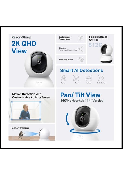 Tp-Lınk Tapo C220, 4,0mpix, Iç ve Dış Mekan, Wifi, 9mt. Gece Görüşü, 360 Dönüş, Iki Yönlü Ses Güvenlik Yapay Zeka Destekli Kamera