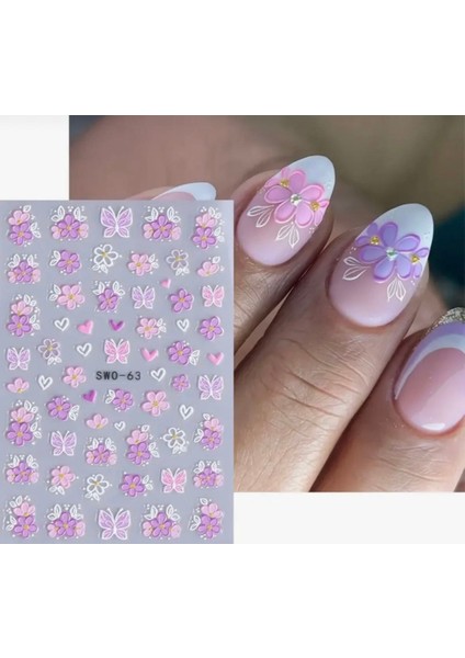 Kabartmalı Pembe Mor Çiçekler Tırnak Süsleme Stickerı Nail Art Süslemeleri